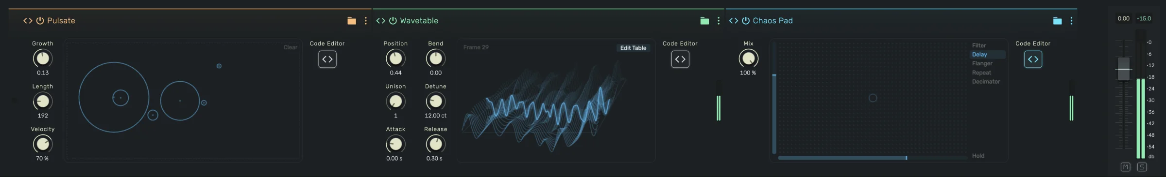Pulsate, Wavetable and Chaos Pad, three community scripts in the device panel